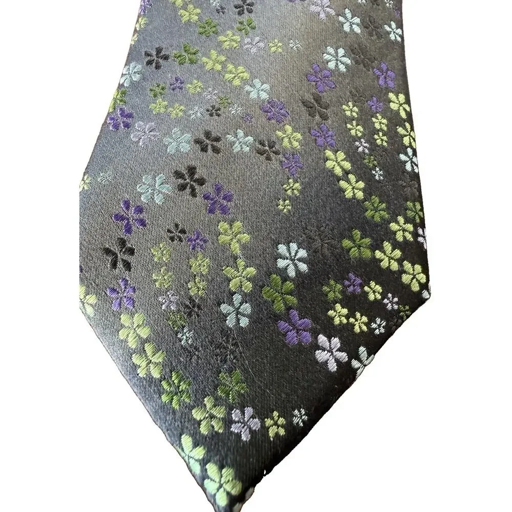 Geoffrey Beene Mens 100% Silk Tie Gray Purple Green Floral Necktie Garden